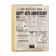 an old newspaper with the words happy fortyth anniversary on it