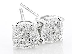 0.50ctw round white diamond, rhodium over 14k white gold cluster stud earrings. Measure approximately 3/16"L x 3/16"W and have push back backings. White Diamond Cluster Earrings With Accents, White Cluster Diamond Earrings With Diamond Accents, White Cluster Diamond Earrings With Accents, Silver Cluster Earrings With Diamond Accents, White Cluster Earrings With Diamond Accents, White Diamond Cluster Earrings With Pavé Setting, White Cluster Diamond Earrings In Sterling Silver, White Diamond Cluster Earrings With Pave Setting, Silver Diamond Cut Cluster Earrings