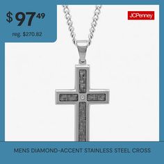 A simple diamond-accent stainless steel cross is a modern interpretation of an ageless symbol.Stone: Diamond accentClosure: Lobster claspPendant Size: 24x49mmFeatures: Religious Jewelry, Quick ShipDiamond Clarity: I2-I3Shape: CrossStone Cut: RoundDiamond Color: I-JMetal Color: WhiteChain Length: 24 InchPendant Length: 49mmPendant Width: 24mmRounded Carat Weight: Less Than 1/10 Ct.t.wChain Construction: CurbCare: Wipe CleanAuthenticity: Natural DiamondBirthstone: April BirthstoneMetal: Stainless… Stainless Steel Cross Pendant, Steel Cross, Simple Diamonds, Cross Pendant Necklace, Religious Jewelry, Cross Pendant, Color White, Pendant Necklace, Stainless Steel