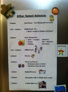 a sign posted on the side of a refrigerator that says after school schedules get home - put back on board