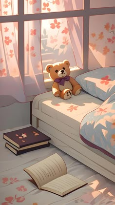 a teddy bear sitting on top of a bed next to an open book