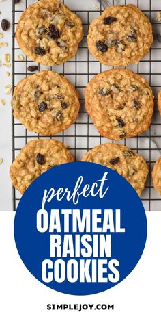 baked oatmeal raisin cookies on a cooling rack with text overlay