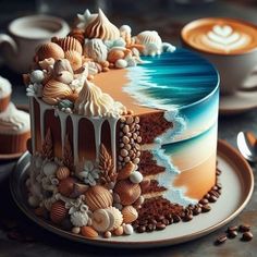 there is a cake decorated with seashells and coffee