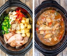 two pictures side by side showing different types of food in the crock pot