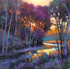 an oil painting of trees and water in the woods at sunset, with bright colors