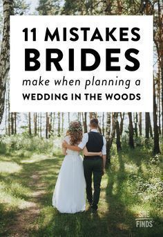 a bride and groom walking through the woods with text overlay that reads 11 wedding dresses to make when planning a wedding in the woods