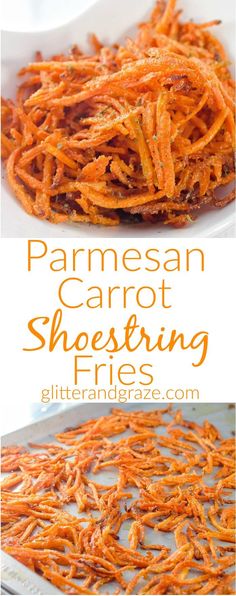 parmesan carrot sheeshing fries on a white plate with text overlay