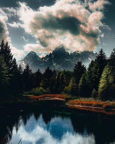 a lake surrounded by trees and mountains under a cloudy sky