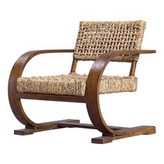 a chair made out of wood and woven material with a wooden frame on the back