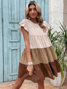 Details:Ruffle \nSleeve Type:Flounce Sleeve \nDetails:Ruffle Hem \nStyle:Cute \nWaist Line:High Waist \nNeckline:Round Neck \nType:Smock \nHem Shaped:Flounce \nColor:Brown \nPattern Type:Colorblock \nSleeve Length:Cap Sleeve \nLength:Short \nFit Type:Regular Fit \nFabric:Slight Stretch \nMaterial:Woven Fabric \nComposition:100% Polyester \nCare Instructions:Machine wash or professional dry clean \nBody:No \nSheer:Semi-Sheer \n Flounce Sleeve, Dress For Short Women, Smock Dress, Ruffle Hem, Dress P, Fashion Online Shop, Online Fashion, All Fashion, Men's Clothing