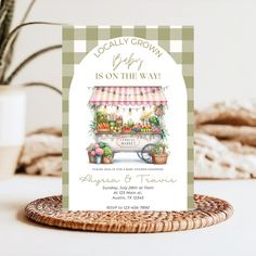 this is an image of a card for a farmer's market birthday or baby shower