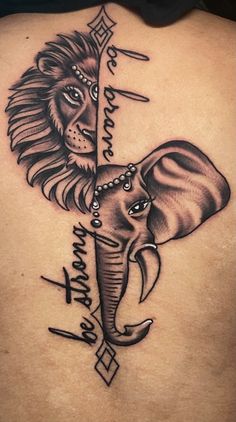 an elephant and lion tattoo on the back