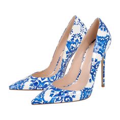 Heel measures approximately: 4.7 inches/ 12 cm Color: Blue and White/Black Customer Service please contact US Luxury Blue High Heel Wedding Shoes, Prada Shoes Blue And White Flowers Women Wedge Heels, Luxury Blue Pointed Toe Wedding Shoes, Luxury Blue Court Shoes With Sculpted Heel, Luxury Blue High Heel Court Shoes, Luxury Blue Pointed Toe Court Shoes, Luxury Fitted Blue Dress Shoes, White And Blue Heels, Blue And White Heels