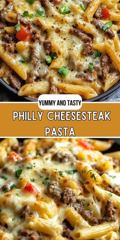 two pictures with different types of pasta in them and the words, yummy and tasty phily cheesesteak pasta