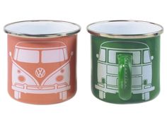 two tins with the same design on them, one has a green handle and the other has a red vw bus