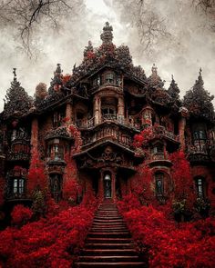 an old house with red flowers growing on the front and stairs leading up to it