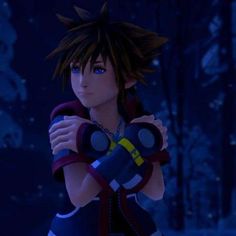 an animated character with blue eyes and black hair, holding his arms crossed in front of him