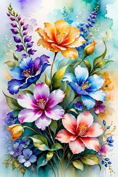 a painting of colorful flowers on a white background