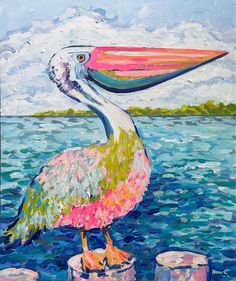 a painting of a pelican standing on the edge of a body of water