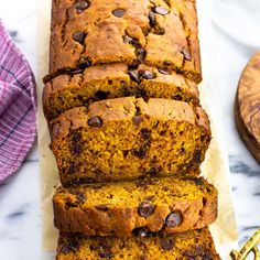 sliced loaf of pumpkin chocolate chip bread