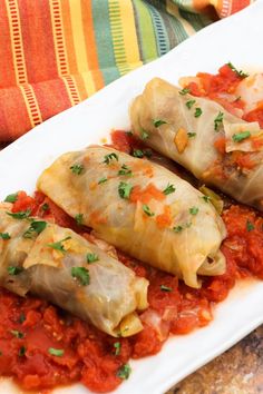 three stuffed cabbages with tomato sauce on a white plate