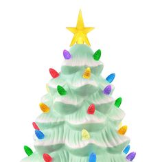 a green ceramic christmas tree with multicolored lights