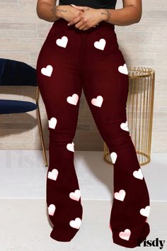 Fisdy - Pantalones informales de tallas grandes con un elegante diseño estampado en azul para personas a la moda Plus Size Trousers, Printed Flare Pants, Bell Pants, Pants Plus Size, Printed Trousers, Plus Size Jumpsuit, Red Pants, Print Pants, Wholesale Shoes