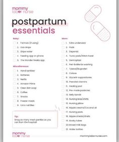 a poster with the words postpartum essentials written in pink and white on it