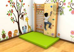 a child climbing on the wall in a room with trees and animals painted on the walls