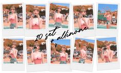 six polaroid photos of a woman in pink bathing suit with her hands on her hips