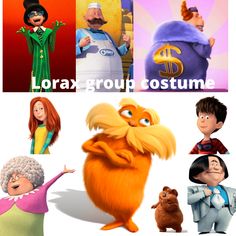 the lora group costume is shown in four different pictures, including an orange and white character