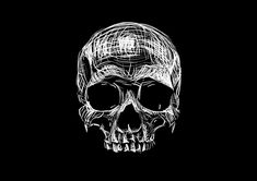 a drawing of a skull on a black background with white lines in the shape of a human head