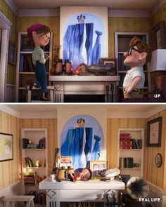 two different views of the same room in an animated movie, one with glasses on