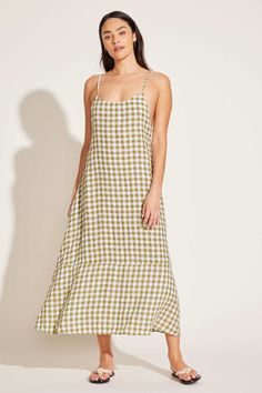 Vitamin A Mari Maxi Dress Avocado Gingham EcoLinen Open Back Maxi Dress, Those Days, Vitamin A, Bosnia And Herzegovina, Brunei, Trinidad And Tobago, Beach Day, Open Back, Gingham