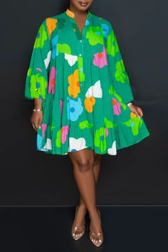 Green Casual Print Patchwork Buttons Fold V Neck A Line Dresses Shirt Collar Styles, Line Dresses, Tiered Mini Dress, Trumpet Sleeve, A Line Dresses, Style Upgrade, Elegant Shirt, Midi Dress With Sleeves, Leather Outfit