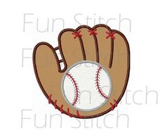 a baseball mitt with a ball in it and the words fun stitch on it