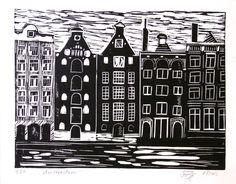 a black and white drawing of buildings on the water with clouds in the sky above them