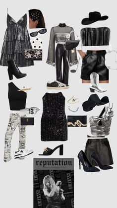 a collage of black and white clothes, shoes, and accessories on a gray background