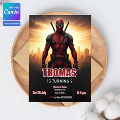 an image of a birthday party with a deadpool poster on the front and back