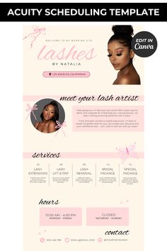 the website design for beauty salons is shown in pink, white and black colors