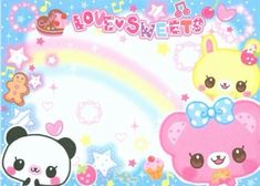 two cute bears and a panda bear on a blue background with hearts, stars, and rainbows