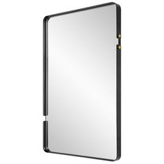 a mirror with a black frame and gold accents on the bottom half, against a white background