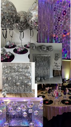 a collage of photos with disco ball decorations and table cloths on the tables