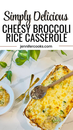 a casserole dish with cheese and broccoli in it on a plate