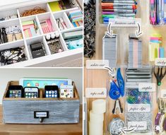 several different types of office supplies are organized