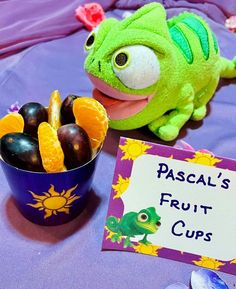 Pascal's Fruit Cups for Tangled Themed Dinner Rapunzel Theme Party Food, Rapunzel Party Ideas Food, Tangled Food Ideas Movie Nights, Tangled Themed Food Ideas, Tangled Movie Night Food, Tangled Theme Party Food, Tangled Rapunzel Party Ideas, Rapunzel Themed Birthday Party Food