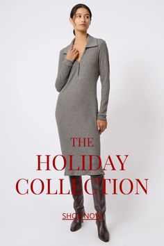 Reminiscent of the late 70s, this sweater dress style has freedom written all over it. Made our season rib knit with a soft sculpted fit, this chic dress is relaxed and pairs easily with a tall boat or simple slide. Perfect for your next winter work outfit, shop more NYC winter fashion at KAL RIEMAN. Nyc Winter Fashion, Sweater Dress Outfit Winter, Nyc Fashion Winter, Winter Work Outfit, Dress Outfit Winter, Timeless Fashion Pieces, Capsule Wardrobe Pieces, Nyc Winter, Charcoal Sweater