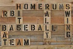 wooden scrabble tiles spelling out the words home runs, baseball, and team