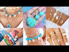 four different types of bracelets and rings with seashells on them, all in various colors