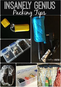 the contents of an insanely genius packing tips kit are shown in this collage